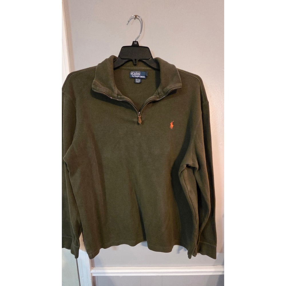 Polo Ralph Lauren Mens XL Olive Green 1/4 Zip Cotton Pullover Orange Pony Logo
